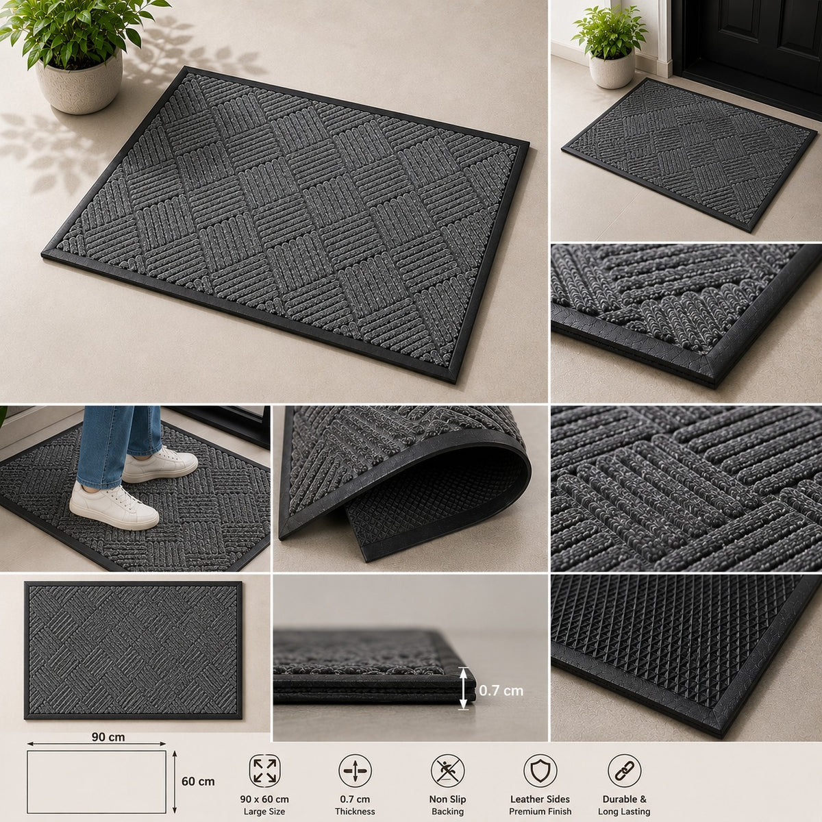 Premium Entrance Doormat with Leather Sides & Non Slip Backing