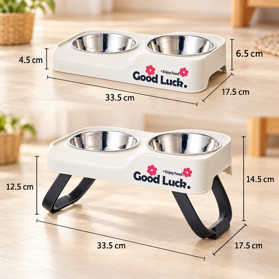 Double Stainless Steel Pet Bowls with Convertible Raised Stand