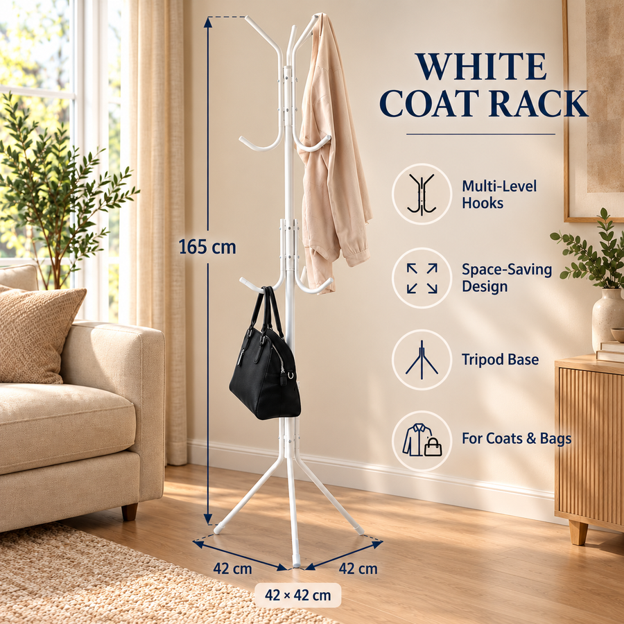 White Multi Level Coat Rack with Hooks
