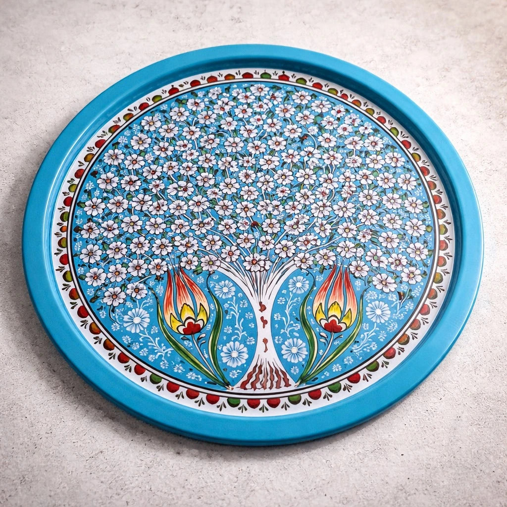 Turkish Metal Tray Serving Tray Round Tray Mandala Coffee Serving Tray Tea Tray Ottoman Floral Tray Decorative Tray Kitchen Serving Tray 35 cm