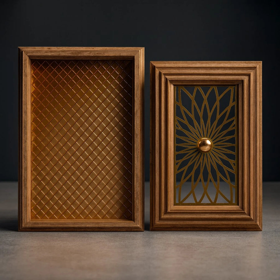 Luxury Wooden Chocolate Box – Gold Lattice Lid
