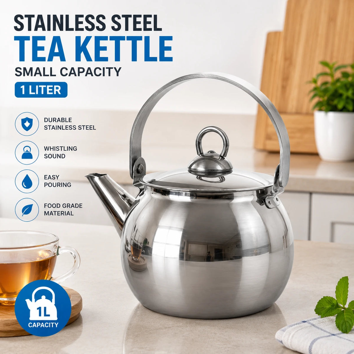 Stainless Steel Tea Kettle Teapot Whistling Kettle Kitchen Water Pot 1 Liter - Image 1