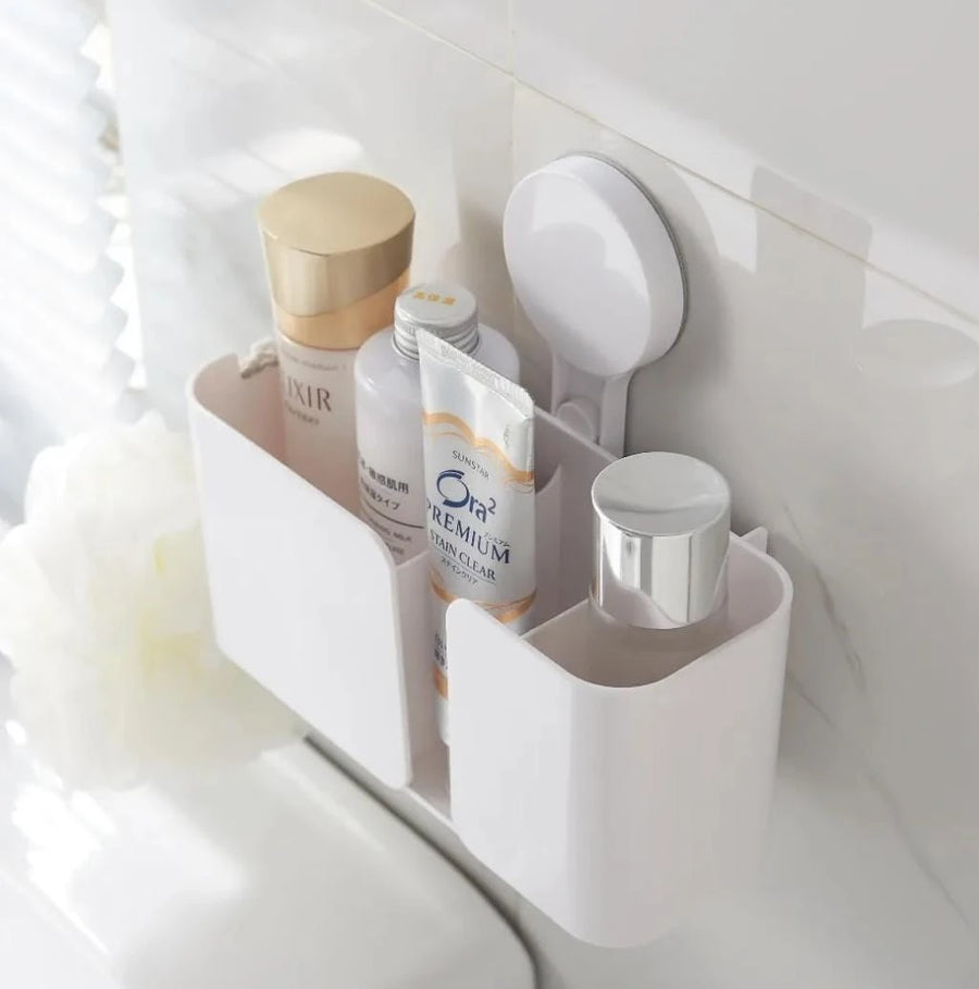 Self Adhesive 3 Compartment Wall Mounted Bathroom Organizer with Hooks and Drainage Holes