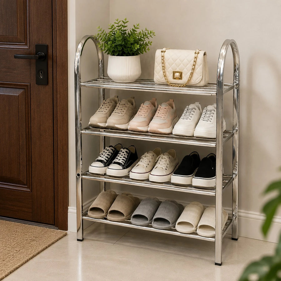 Stainless Steel 4 Tier Shoe Rack Entryway Organizer Easy Assembly Storage Shelf Stand