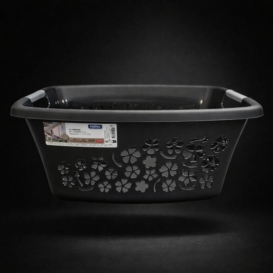 Rotho Laundry Basket Plastic Storage Basket Organizer Clothes Hamper Flowers Design Swiss Made 25L