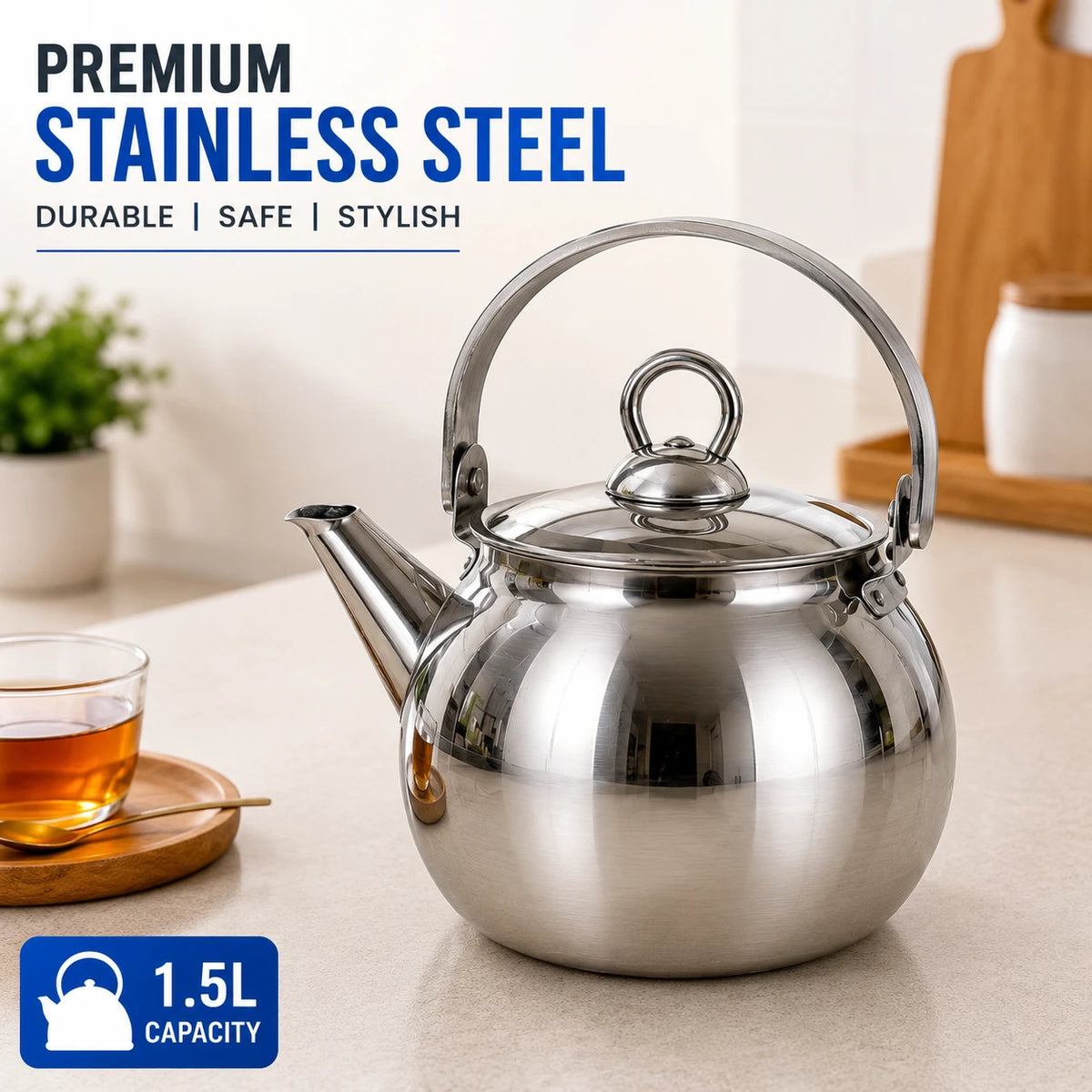 Stainless Steel Tea Kettle Teapot Whistling Kettle Kitchen Water Pot 1.5 Liter - Image 1