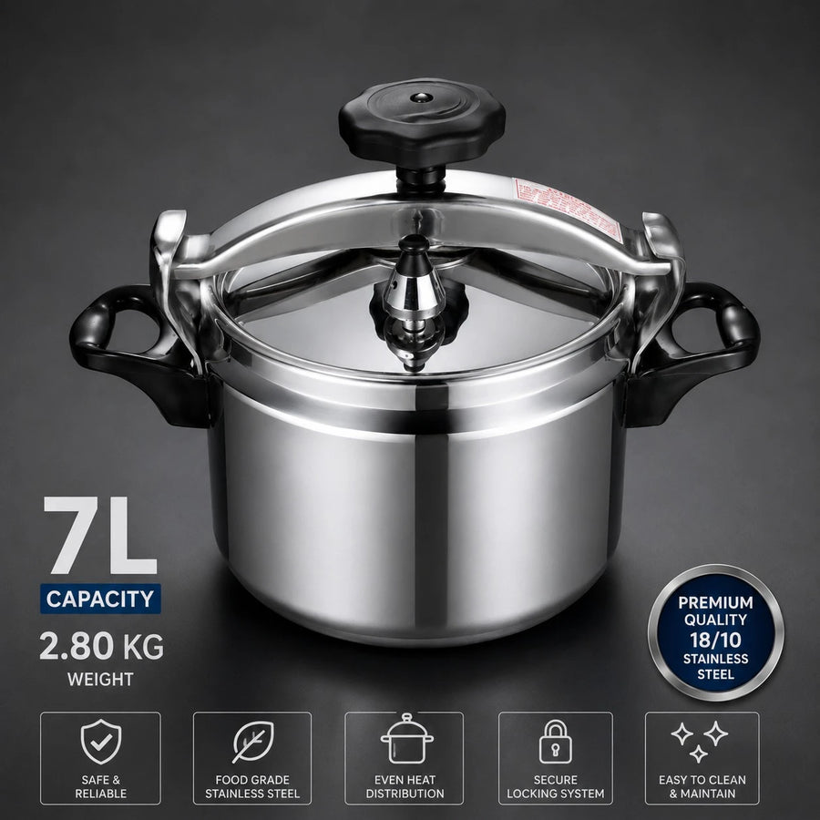 Pressure Cooker 7 Liter Stainless Steel Fast Cooking Pot Easy Opening Safety Valve Induction Gas Cooker Kitchen Cookware Heavy Duty Pressure Pot Family Cooking Cooker