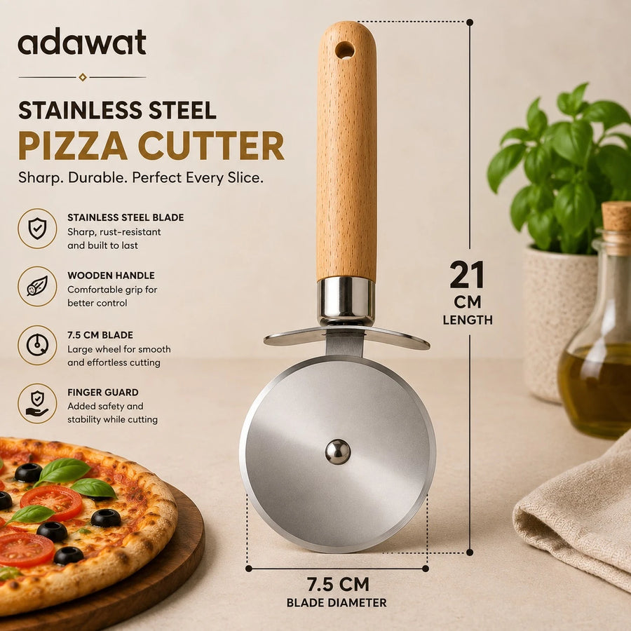 Adawat Stainless Steel Pizza Cutter Wooden Handle Pizza Wheel Cutter Pastry Cutter Kitchen Tool 7.5 cm 21 cm