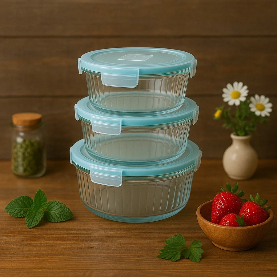 3 Piece Round Glass Food Container Set Food Storage Bowls with Lids for Kitchen Pantry Refrigerator and Meal Prep
