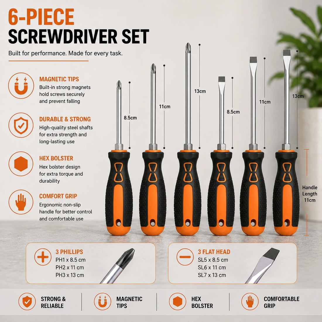 6 Piece Magnetic Screwdriver Set Phillips and Flat Head | Ergonomic Grip Home Repair Tool Set