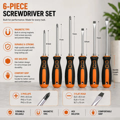 6 Piece Magnetic Screwdriver Set Phillips and Flat Head | Ergonomic Grip Home Repair Tool Set