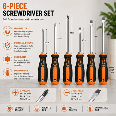 6 Piece Magnetic Screwdriver Set Phillips and Flat Head | Ergonomic Grip Home Repair Tool Set