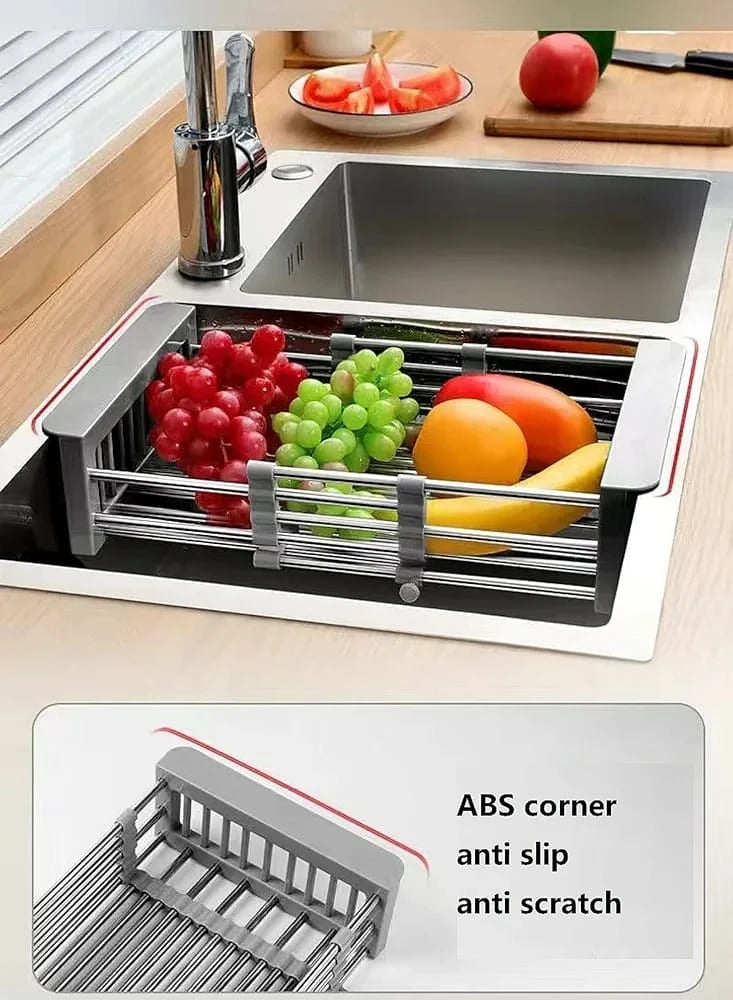 Adjustable Retractable Sink Dish Drying Rack Stainless Steel Kitchen Organizer Dish Drainer Fruit Vegetable Rinse Basket Over Sink Storage