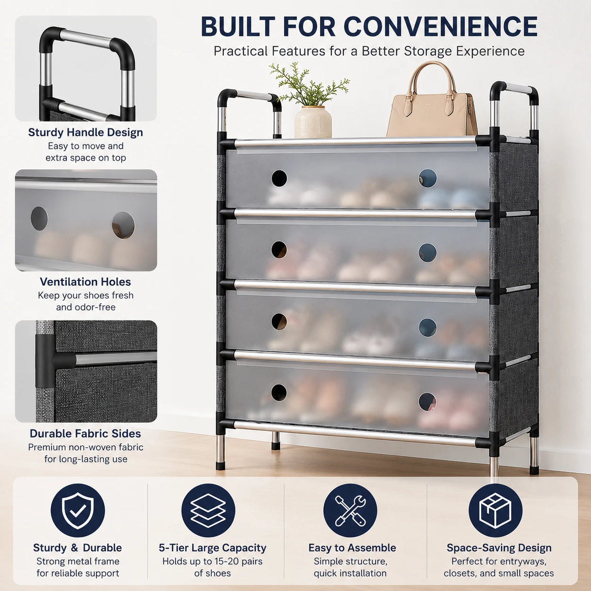 4 Tier Shoe Rack with Dustproof Cover Large Capacity Space Saving Shoe Storage Organizer with Handles