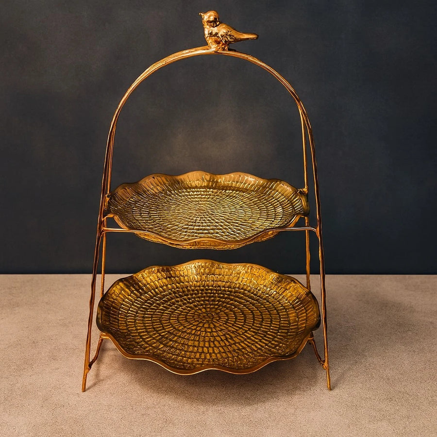 2-Tier Gold Serving Stand with Bird Topper