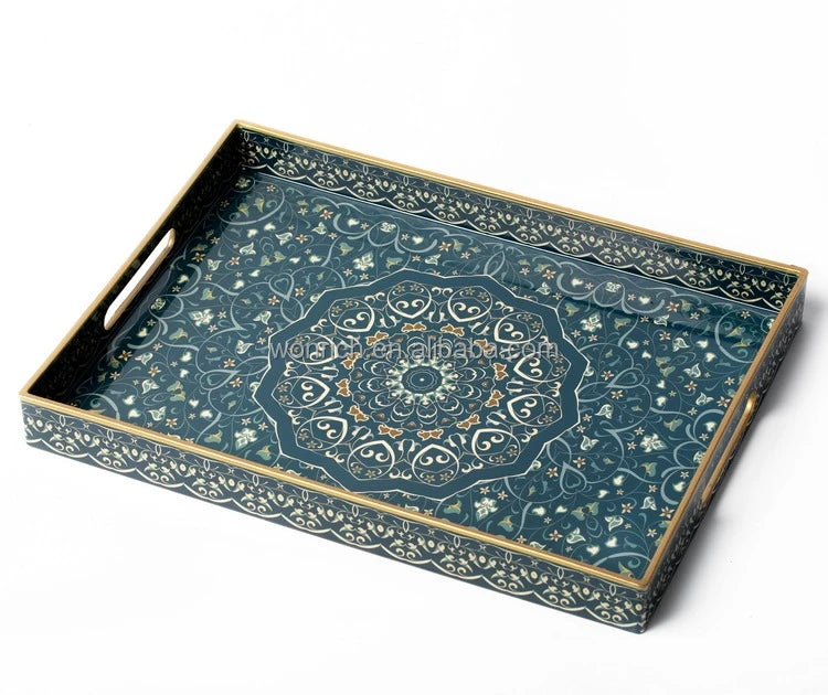 Arabesque Serving Tray Set 2 Pieces Teal Gold Decorative Coffee Dates Dessert Tray Ramadan