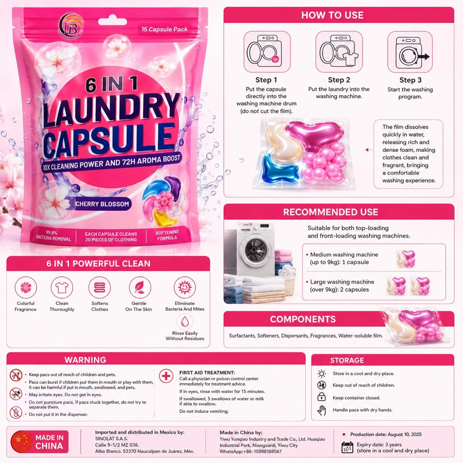 6 In 1 Laundry Capsules Cherry Blossom Detergent Pods 15 Capsule Pack Deep Clean Fresh Fragrance