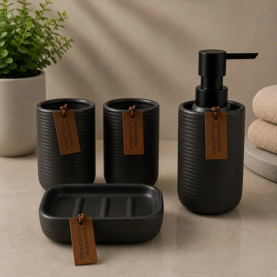 Sanitary Ceramic Bathroom Accessories Set Soap Dispenser Toothbrush Holders Soap Dish Matte Black Ribbed Design