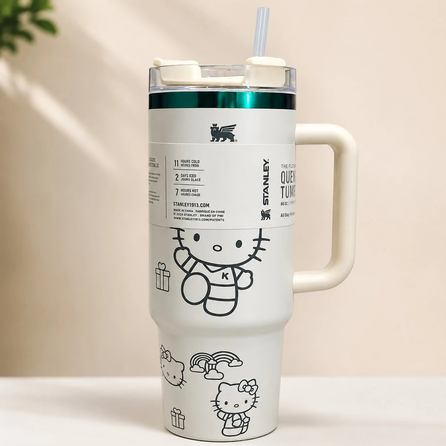 Stanley Style Hello Kitty Thermal Tumbler With Handle Straw 40 Oz Large Capacity Insulated Travel Mug