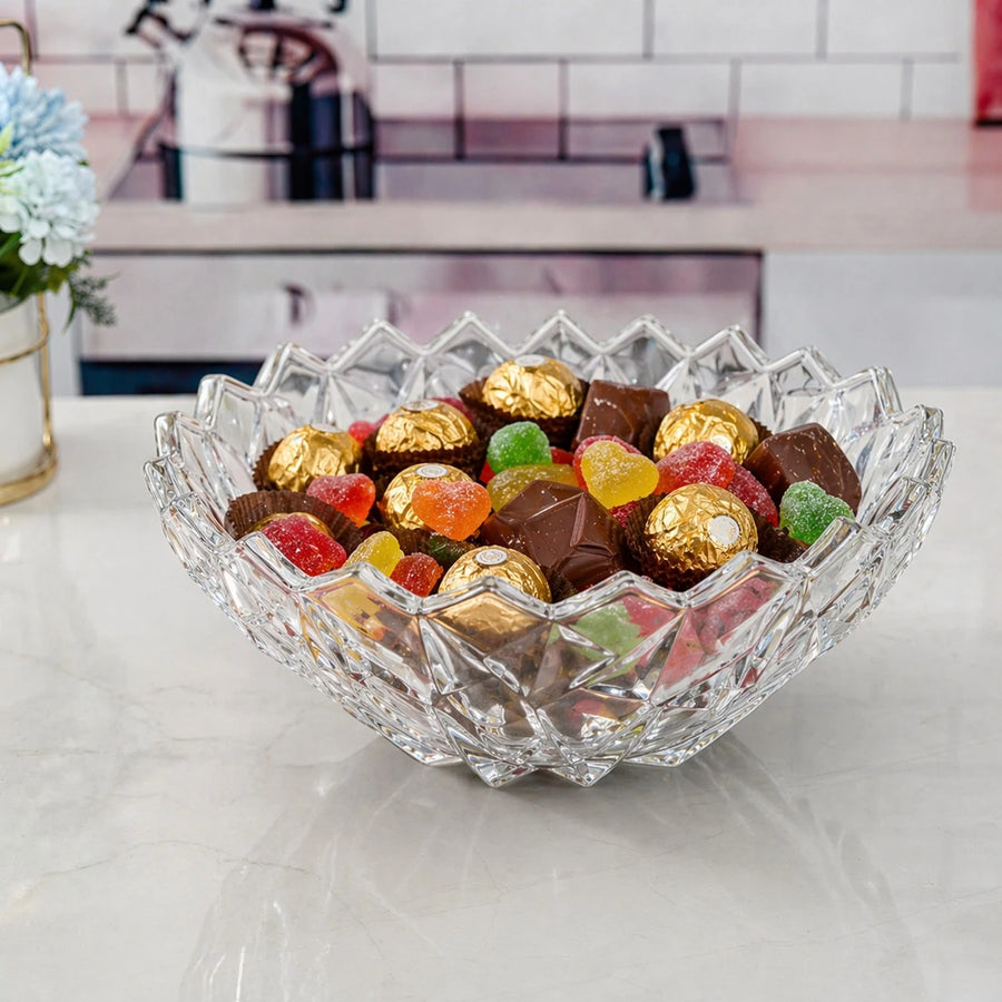 Clear Glass Decorative Bowl Crystal Cut Fruit Candy Serving Bowl Round Elegant Table Centerpiece 23 cm