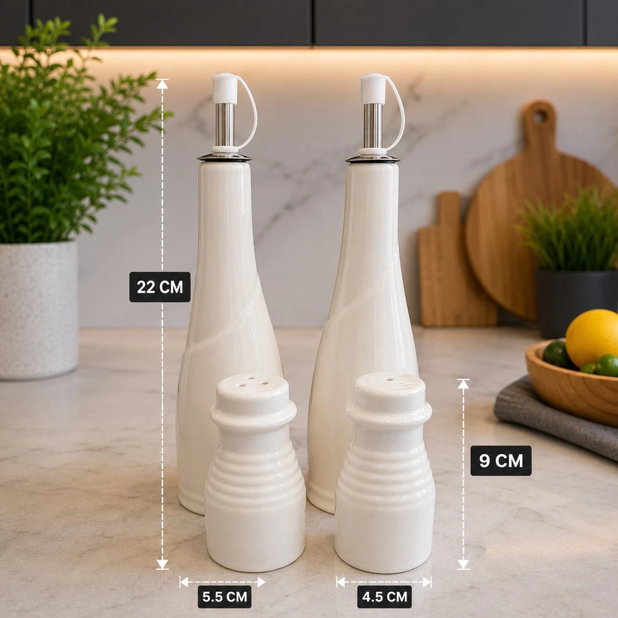 Ceramic Oil Vinegar Dispenser Set Salt Pepper Shakers Bamboo Holder Kitchen Condiment Organizer