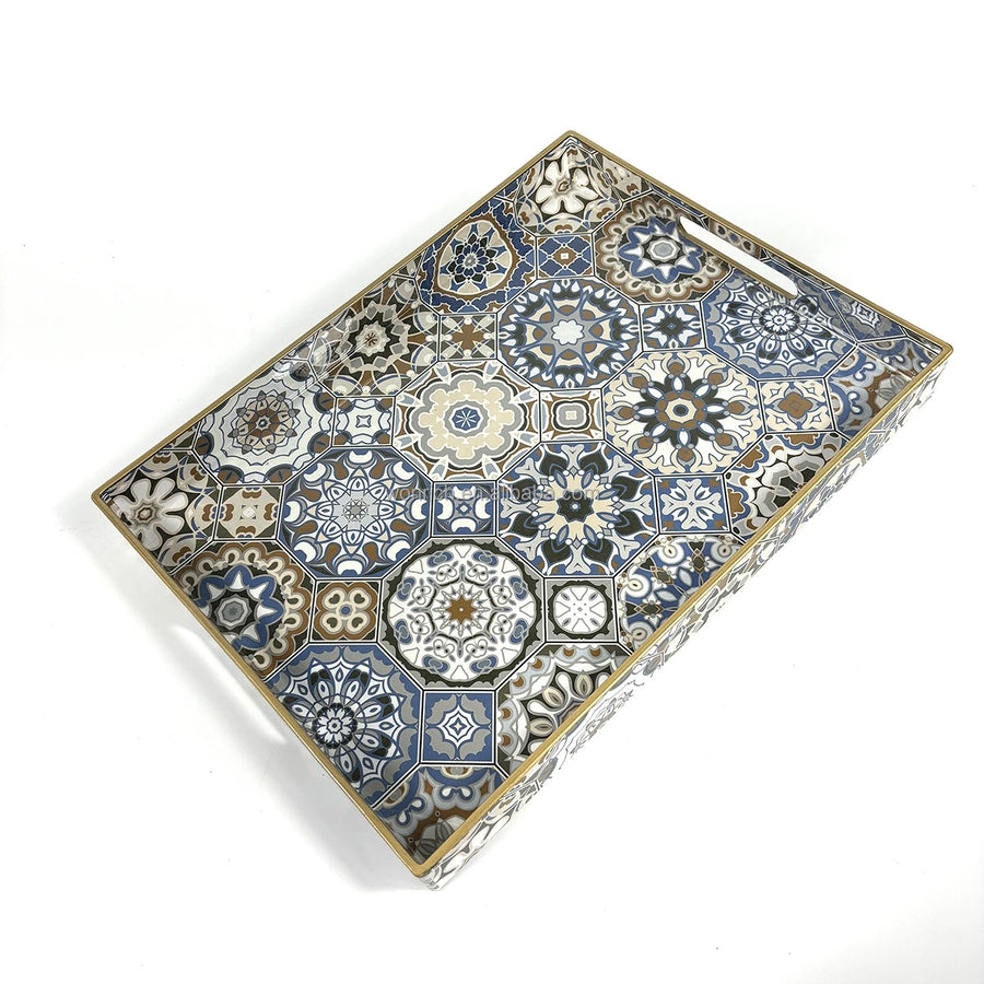 Arabesque Moroccan Tile Serving Tray Set 2 Pieces Rectangular Teal Gold Coffee Dining