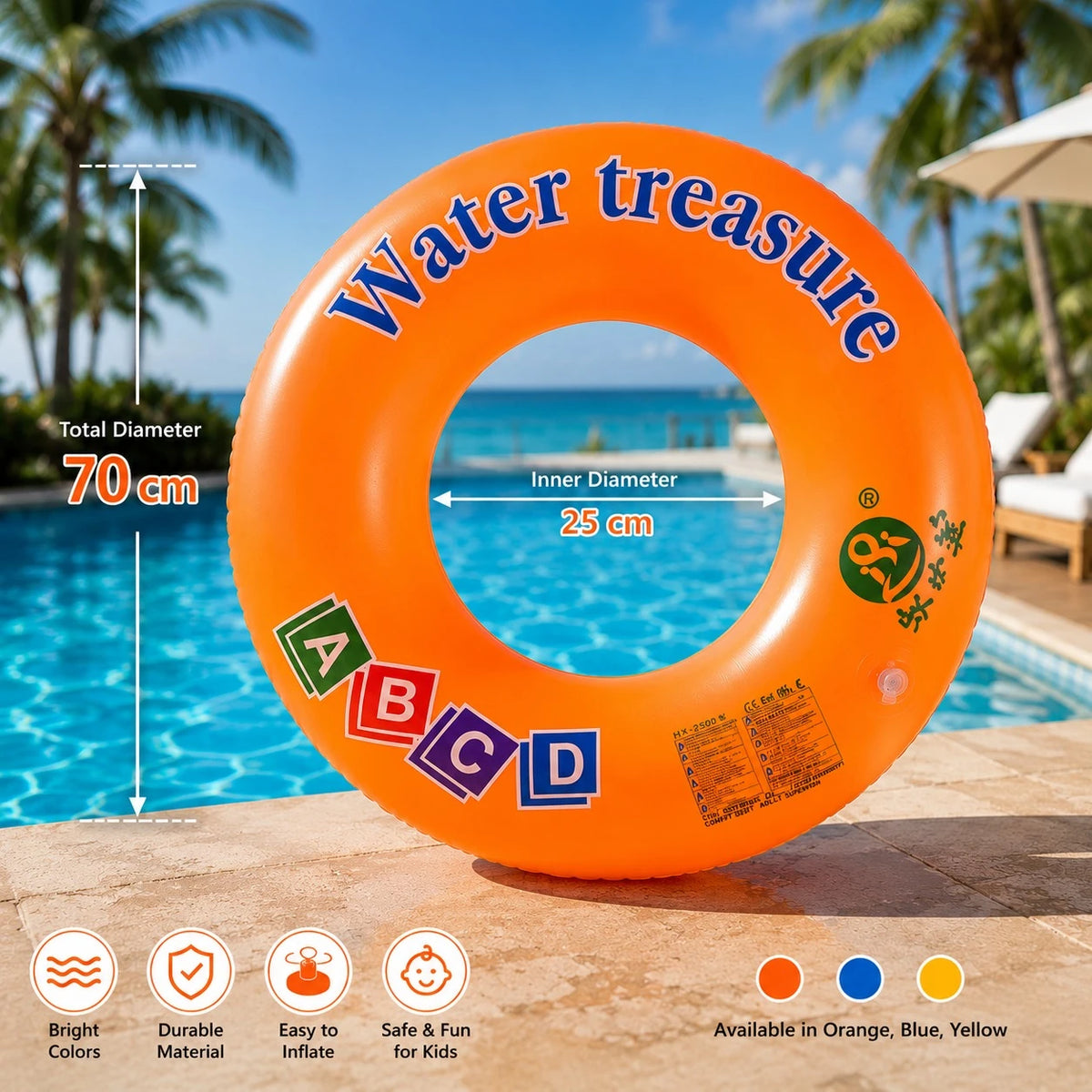 Kids & Adults Swim Ring 70 cm Large Inflatable Pool Float PVC Swim Ring Number 8 Orange Blue Yellow - Image 7