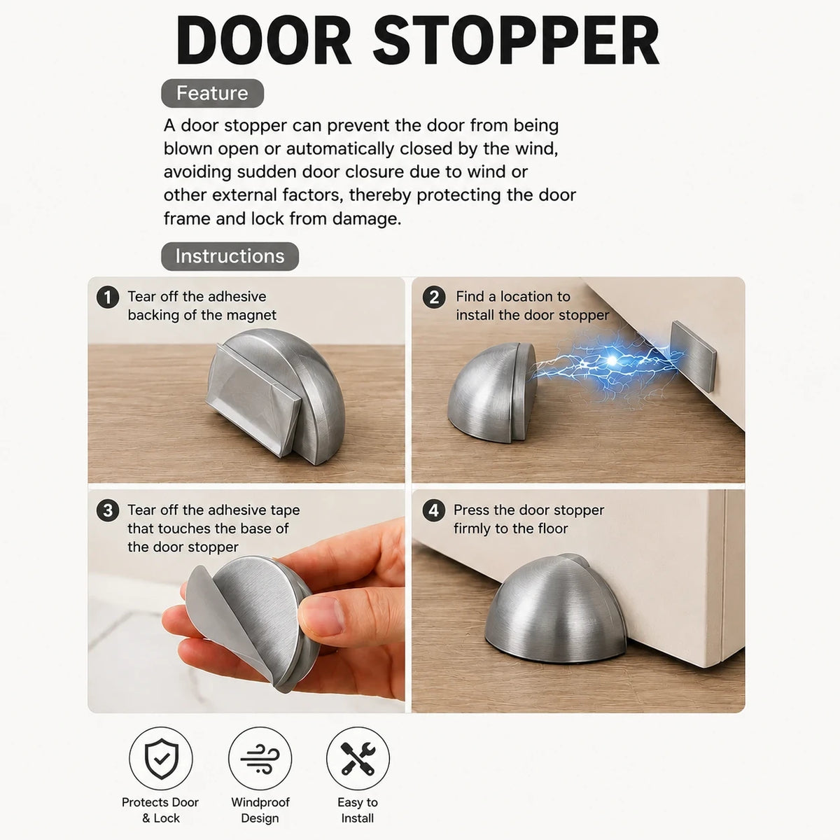 2 Piece Magnetic Self Adhesive Door Stopper Set Strong Hold No Drilling Floor Mount White & Gray