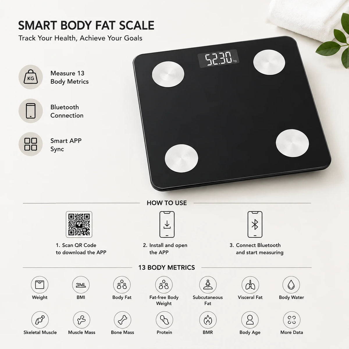 Digital Body Fat Smart Scale Bluetooth Health Scale BMI Weight Analyzer App Connected Bathroom Scale