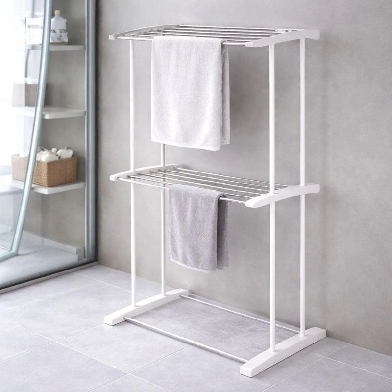 Double Tier Freestanding Bathroom Towel Rack Stand Stainless Steel Floor Towel Holder Space Saving Laundry Drying Rack