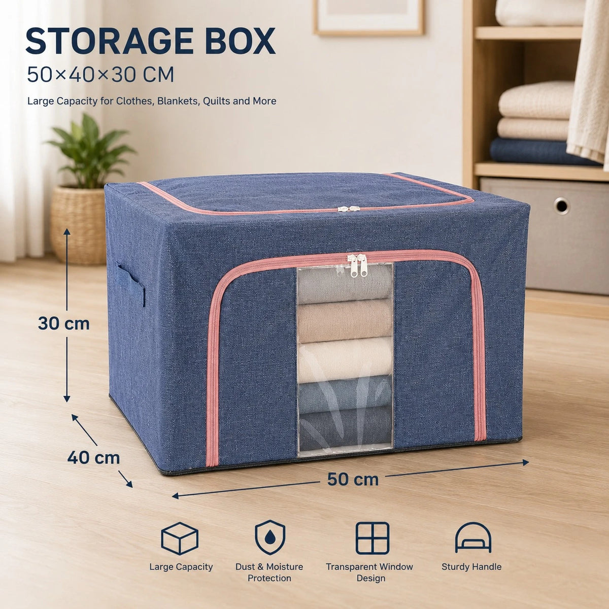 Foldable Fabric Storage Box with Transparent Window Large Capacity Clothes Blanket Organizer - Image 3