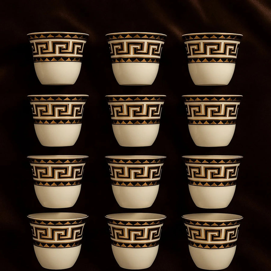 Black & Gold Greek Pattern Coffee Espresso Cups, Set of 12