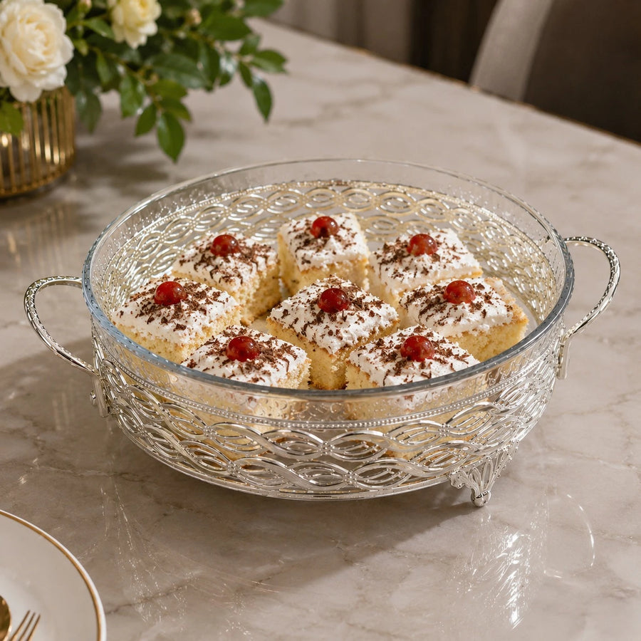 Decorative Silver Serving Tray With Glass Bowl Elegant Round Cake Fruit Dessert Display Bowl With Handles