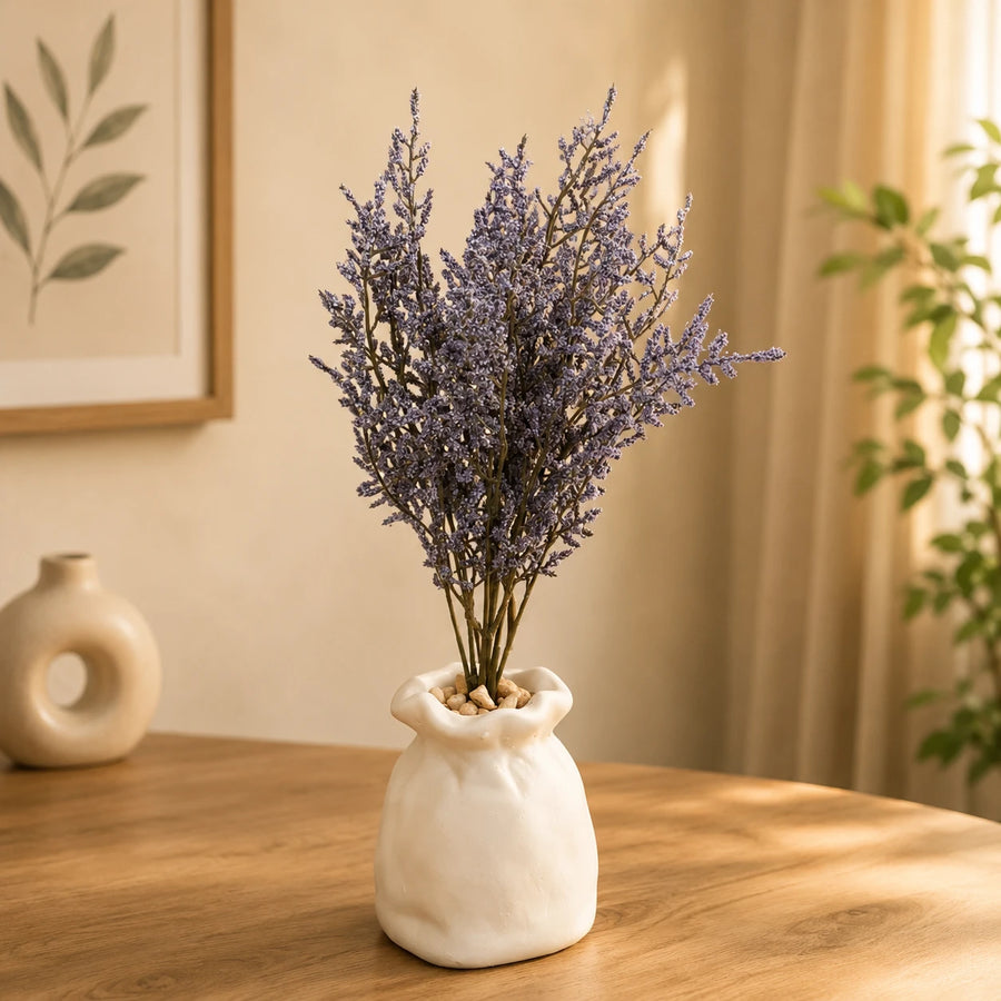 Artificial Lavender Flower Plant Decorative Sack Vase Home Office Table Decor