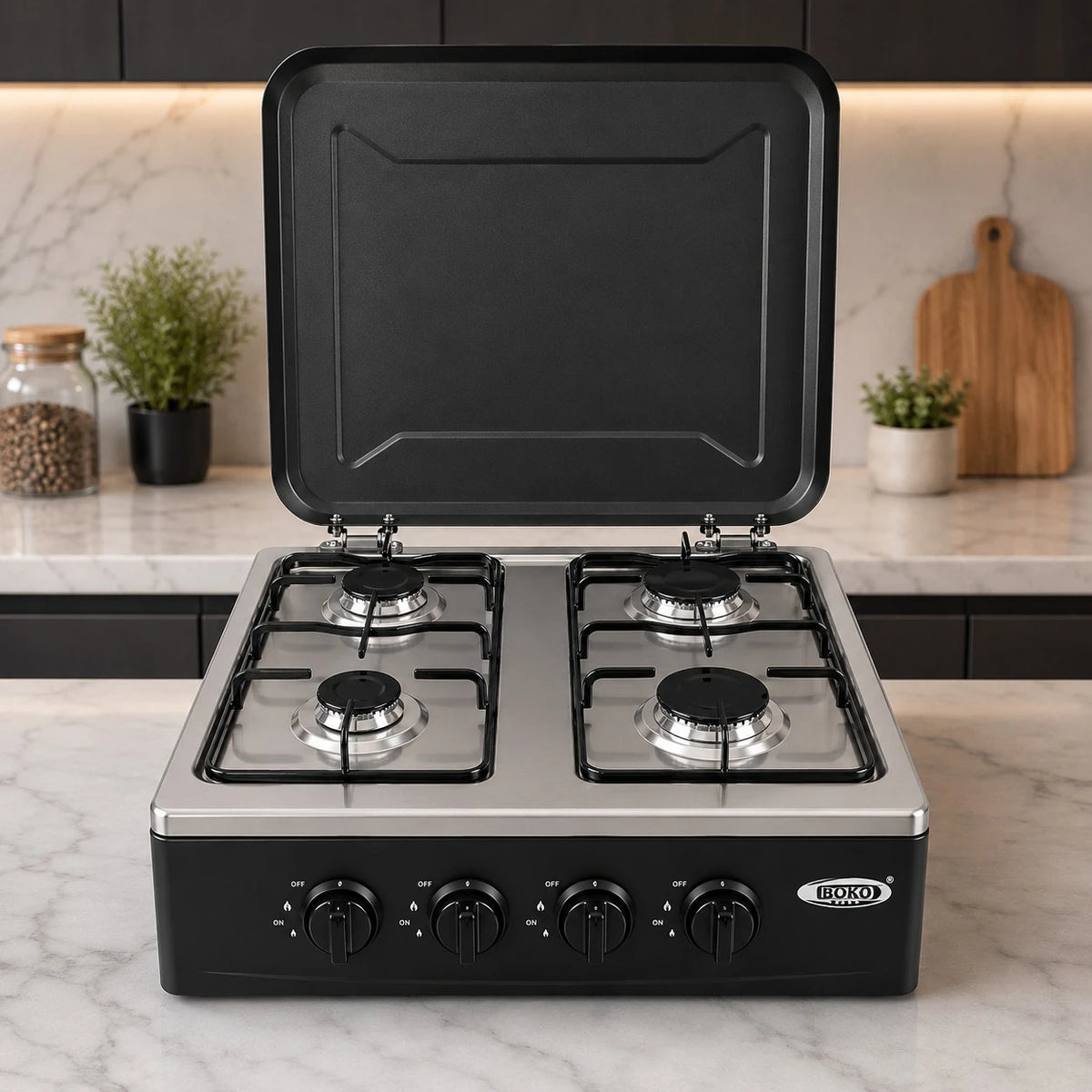 BOKO Gas Stove With Stand 4 Burner Gas Cooker Kitchen Stove Metal Storage Rack Freestanding Cooking Stove - Image 3