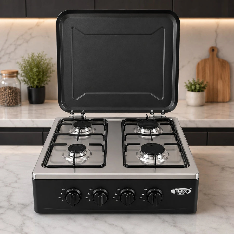 BOKO Gas Stove With Stand 4 Burner Gas Cooker Kitchen Stove Metal Storage Rack Freestanding Cooking Stove