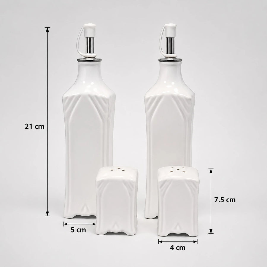 Porcelain Oil Vinegar Salt And Pepper Set Kitchen Condiment Dispenser Bottles With Bamboo Holder