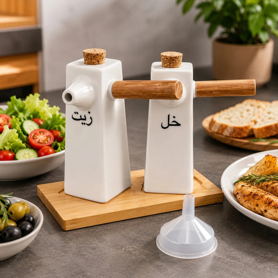 Oil And Vinegar Dispenser Set Porcelain Bottles With Wooden Handles And Bamboo Tray