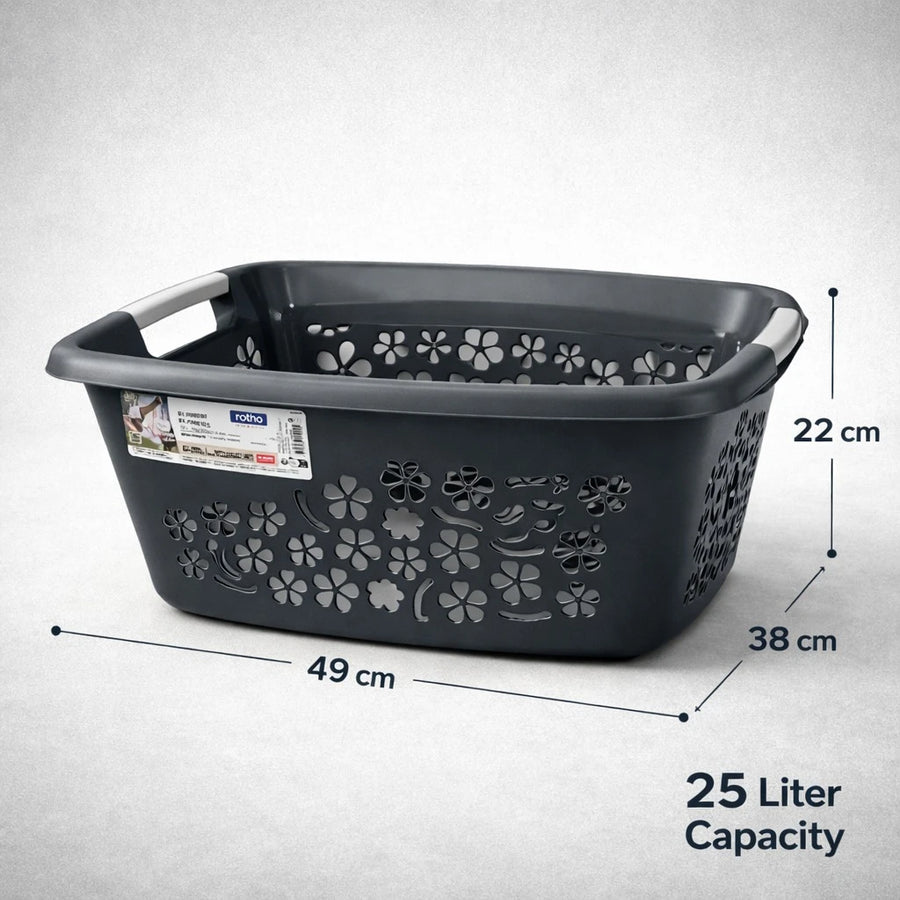 Rotho Laundry Basket Plastic Storage Basket Organizer Clothes Hamper Flowers Design Swiss Made 25L