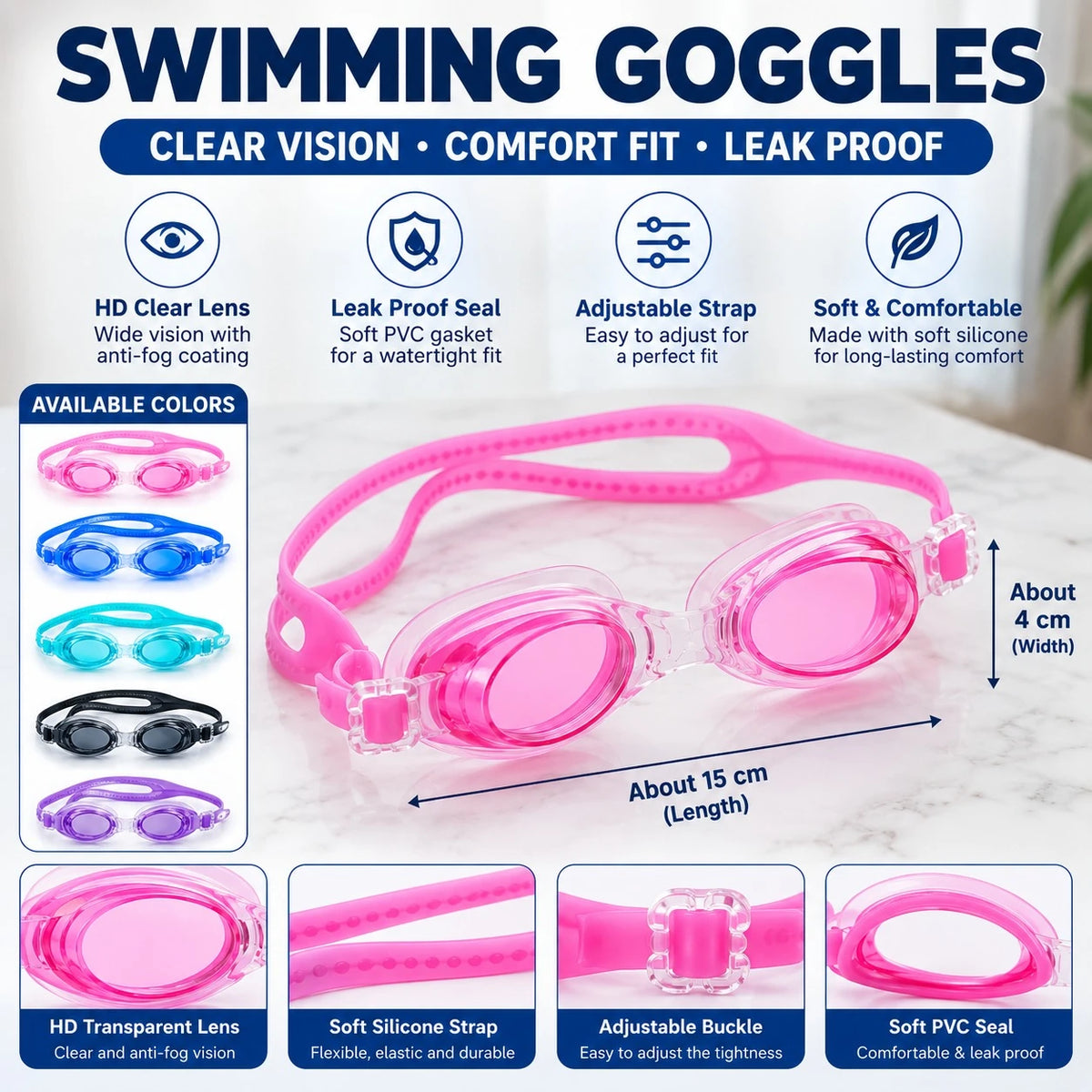 Kids Swimming Goggles Anti Fog UV Protection Adjustable Silicone Swim Goggles - Image 6