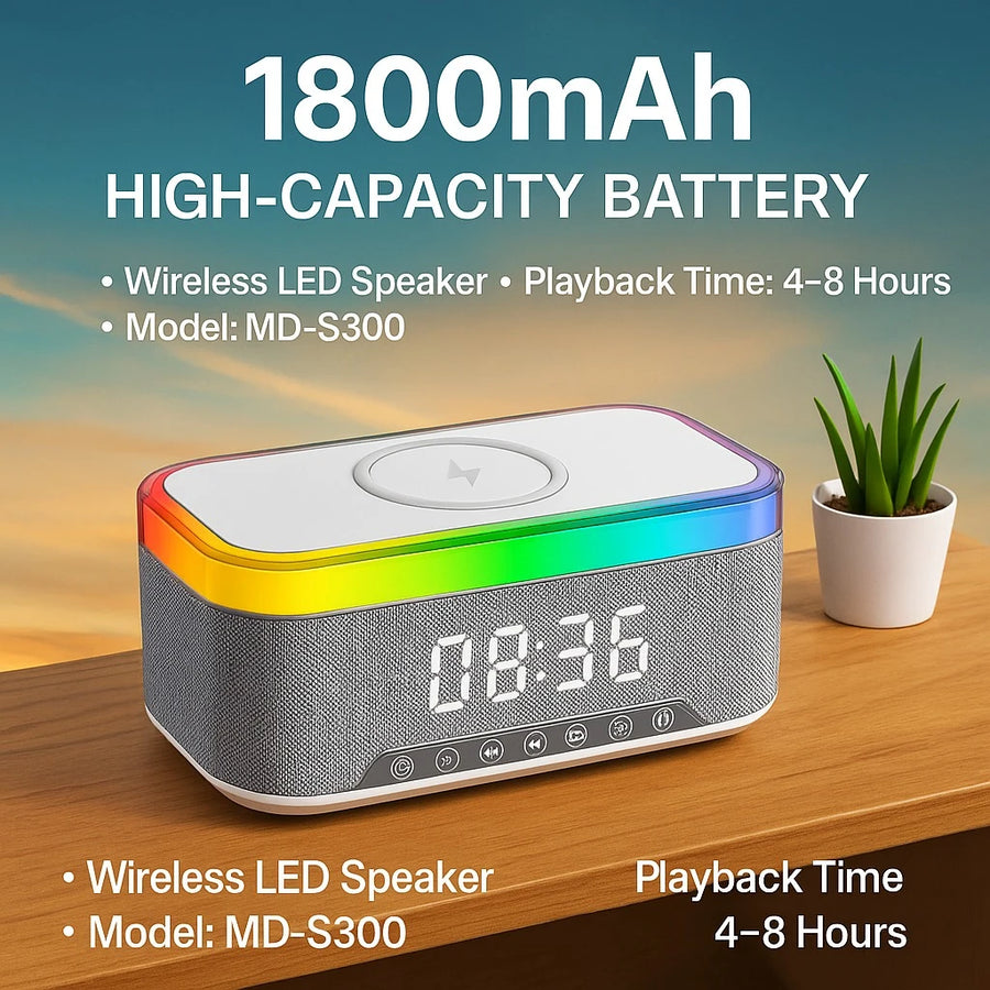 Bluetooth Speaker with LED Alarm Clock & Wireless Charger