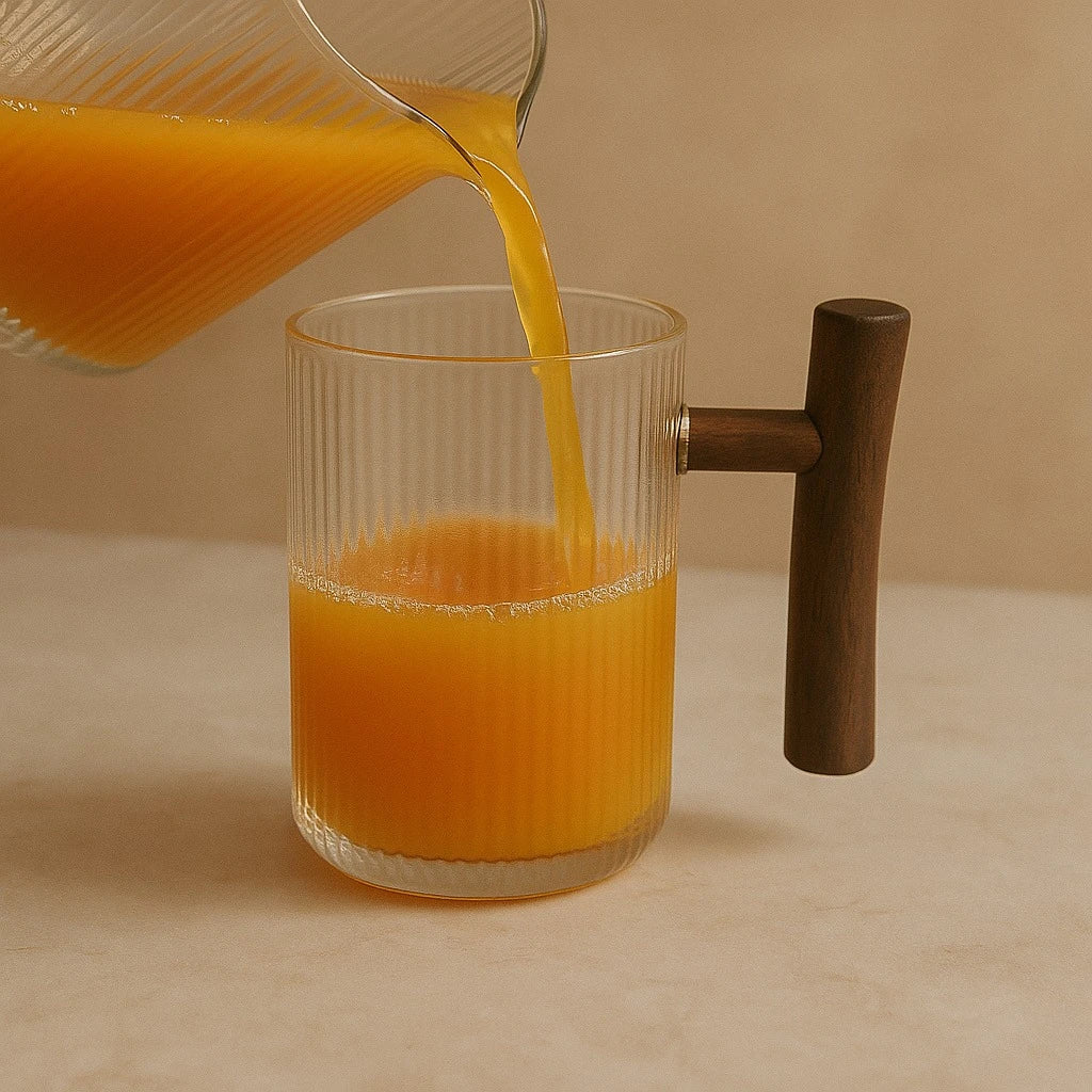 Ribbed Glass Cup with Wooden Handle