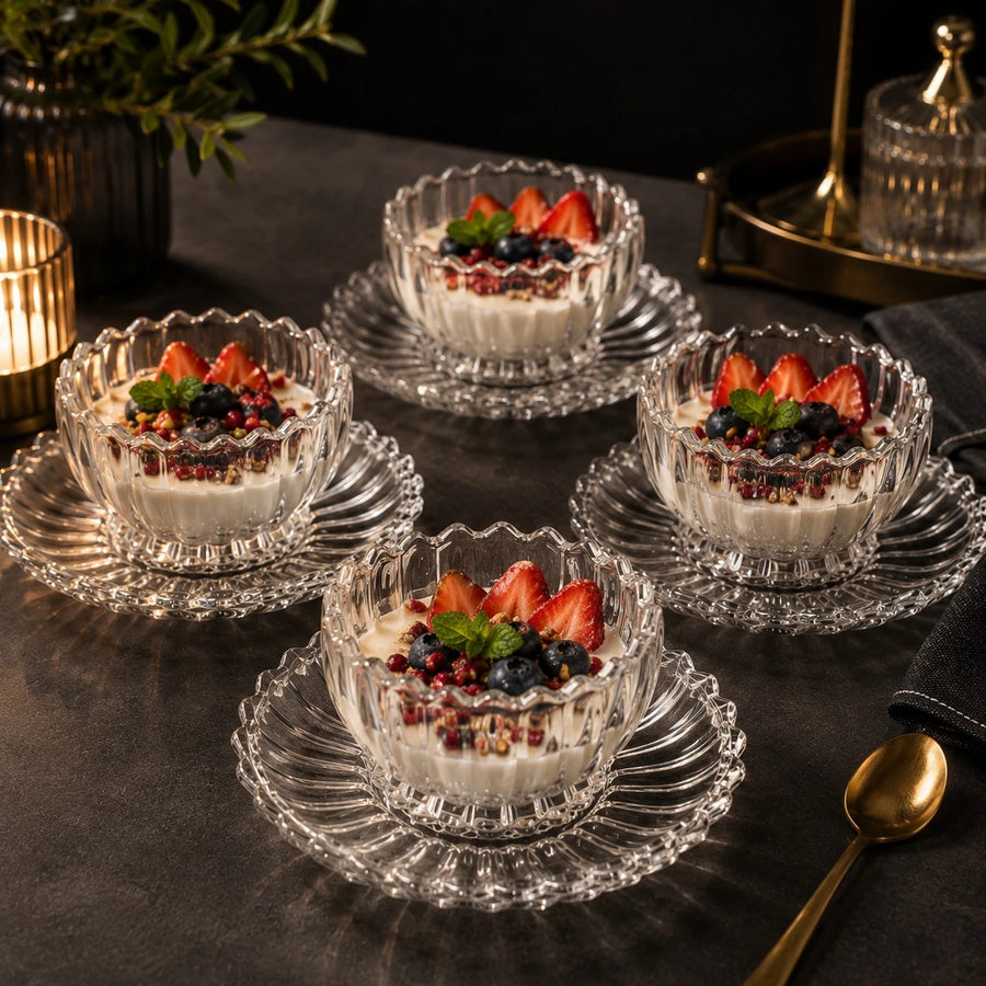 Glass Dessert Bowl and Plate Set of 6 Clear Ribbed Serving Bowls with Matching Plates