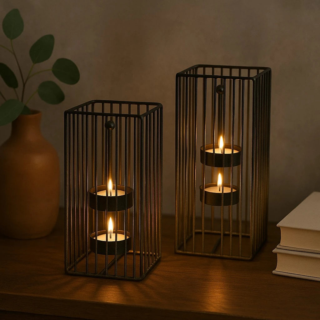 Square Metal Cage Tealight Candle Holders – Set of 2 - Image 1