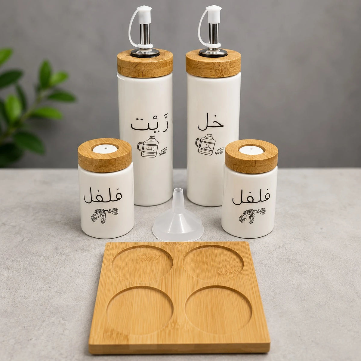 Porcelain Oil Vinegar Salt And Pepper Set Bamboo Holder Kitchen Condiment Organizer Dispenser