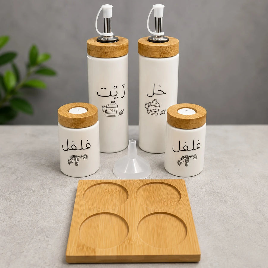 Porcelain Oil Vinegar Salt And Pepper Set Bamboo Holder Kitchen Condiment Organizer Dispenser