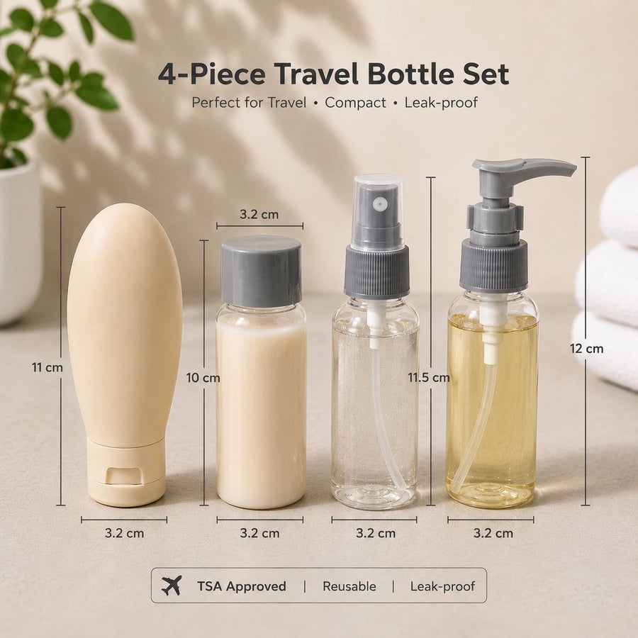 Travel Toiletry Bottle Set 4 Pieces Refillable Silicone Squeeze Spray Pump Flip Cap Bottles with Clear Travel Bag