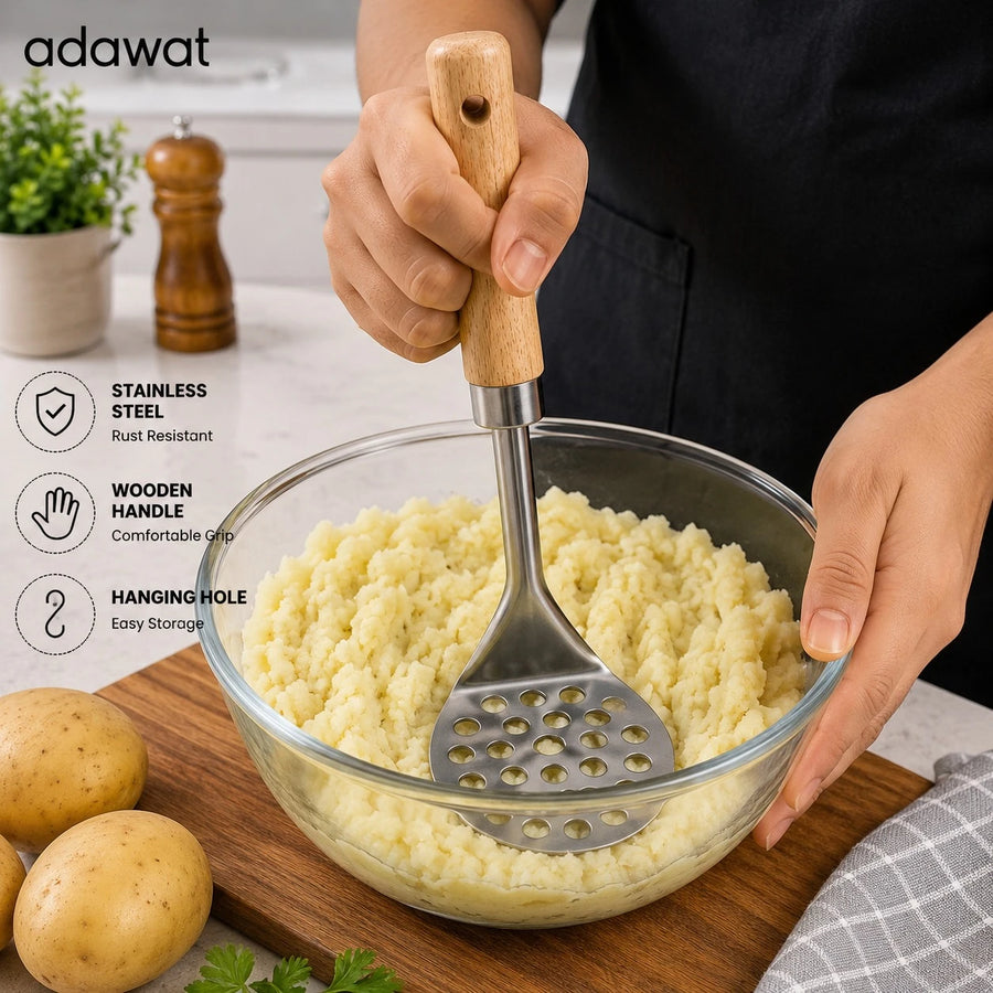 Adawat Stainless Steel Potato Masher Wooden Handle Kitchen Press Masher Vegetable Fruit Food Masher 26.5cm
