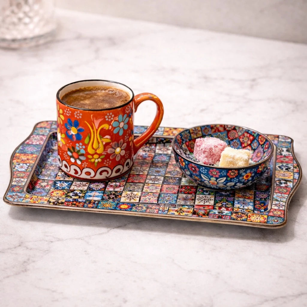 Turkish Coffee Serving Set Metal Tray Ceramic Cup Mandala Coffee Tea Serving Set Ottoman Floral Decorative Tray Set - Image 8