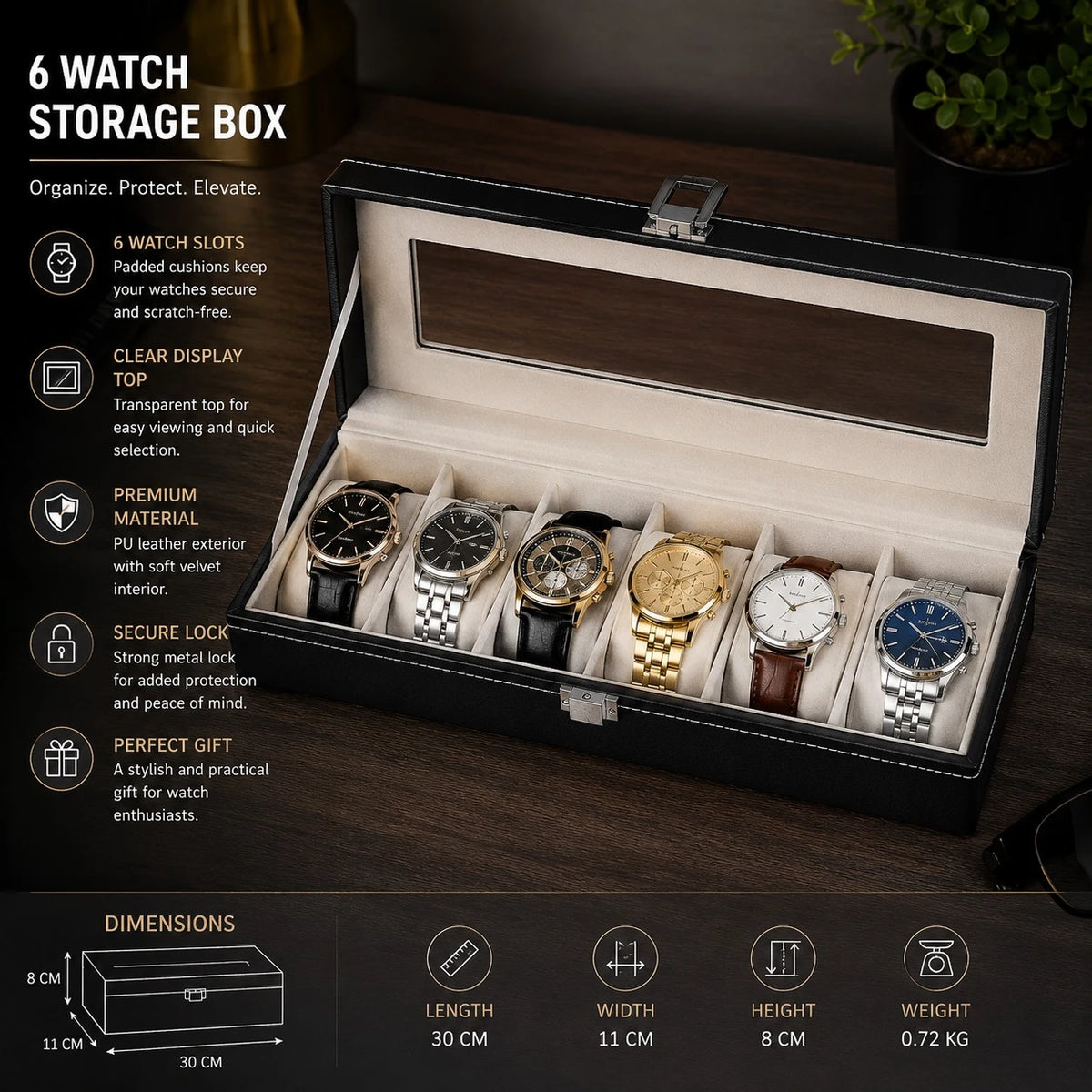 6 Slot Watch Storage Box Watch Organizer Display Case PU Leather Glass Top Luxury Watch Holder Collector Box - Image 1